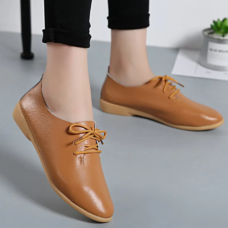 Light Brown Женская летняя обувь из натуральной кожи; лоферы; Новинка года; модная повседневная обувь на плоской подошве; женская однотонная обувь на плоской подошве со шнуровкой - Цвет: Light Brown