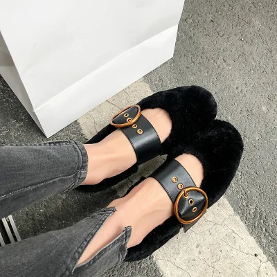 

All-match Cute Fur Woman Shoes Fashion Autumn Winter Buckle Strap Plus Velvet Flat Casual Shoes Metal Decro Comfortable Shoes