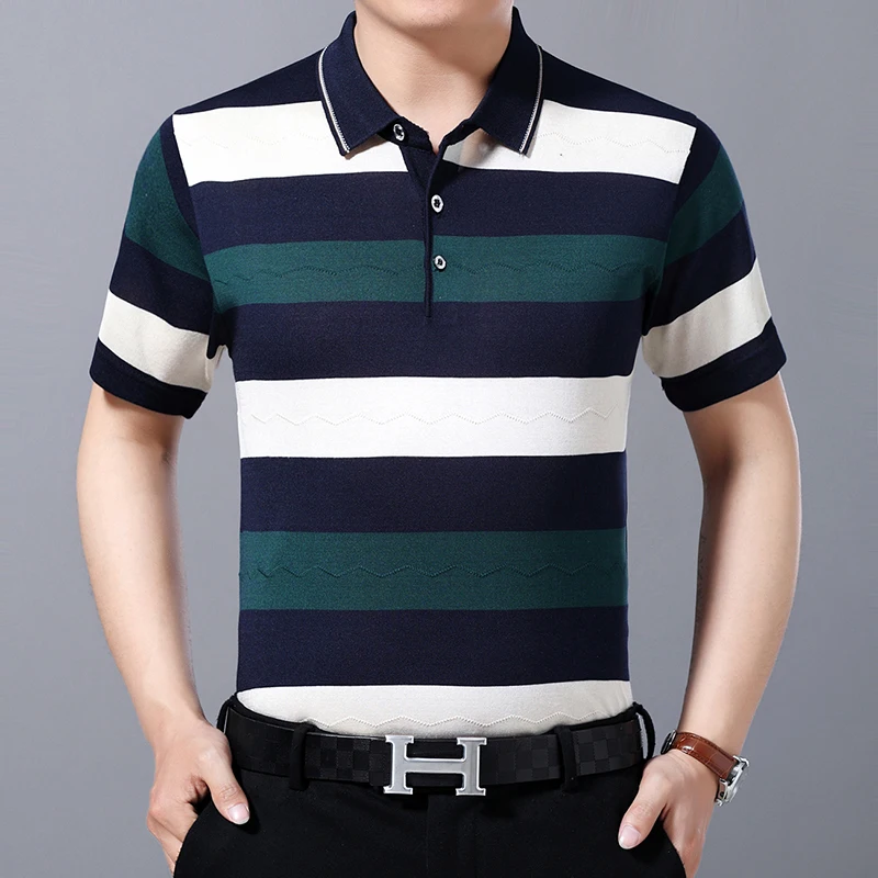 Трикотажная рубашка в полоску с коротким рукавом на лето 2020 мужские модные