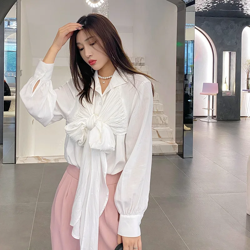 

blusas mujer de moda 2021 Office Lady White Buttons up Shirt Women Elegant Lace Up Bows long sleeve Top korean fashion Blouses