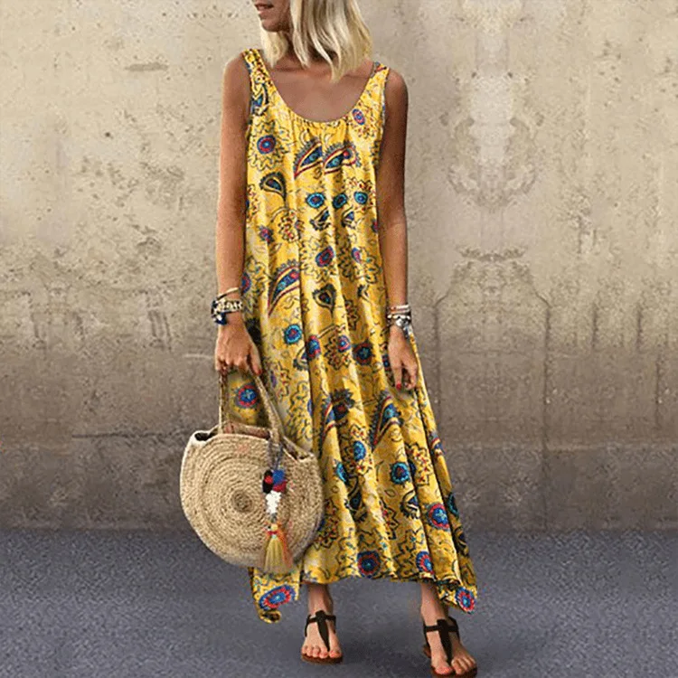 

2021 New Summer Fashion Leisure Hot Sale Holiday Printing Sexy Round Neck Sleeveless Long Dress for Women
