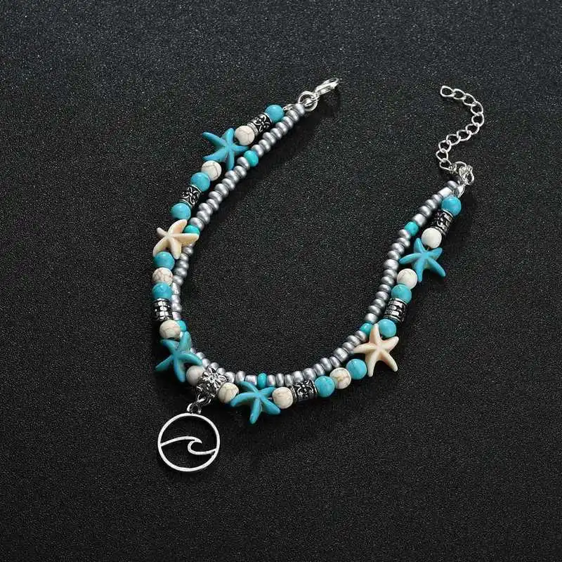 Bohemian Beach Wave Starfish Beaded Foot Chain Anklets Double Layered Pendant Adjustable Ankle Bracelets on Leg for Women | Украшения и