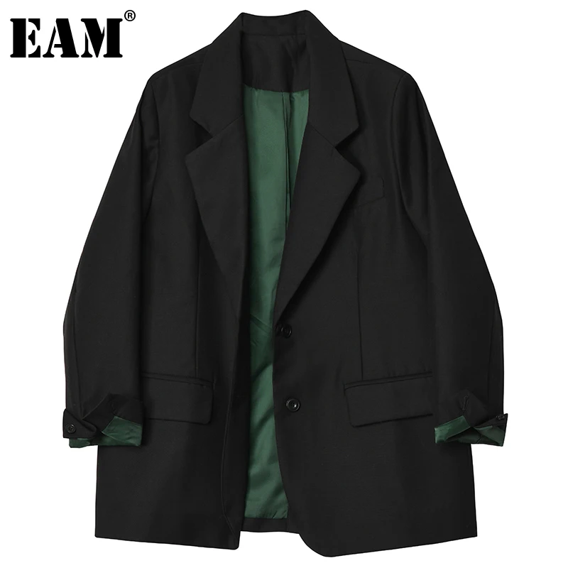 

[EAM] Women Black Contrast Color Oversized Blazer New Lapel Long Sleeve Loose Fit Jacket Fashion Spring Autumn 2022 1DE1123