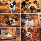 Алмазная 5D картина с кошкой, полноразмерная вышивка с круглыми опавшими листьями, животное стразы, украшение для дома