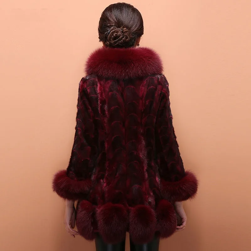 Women Fox Collar Vintage A-Line Burgundy Mink Fur Winter Coat High Quality Long Sleeves Jacket Thick Warm Silk Lining Outwear