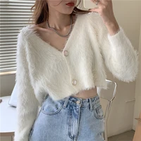 2021v neck knit cropped cardigan mohair sweater coat tops loose fashion new autumn winter soft knitted pull femme sweet jumper