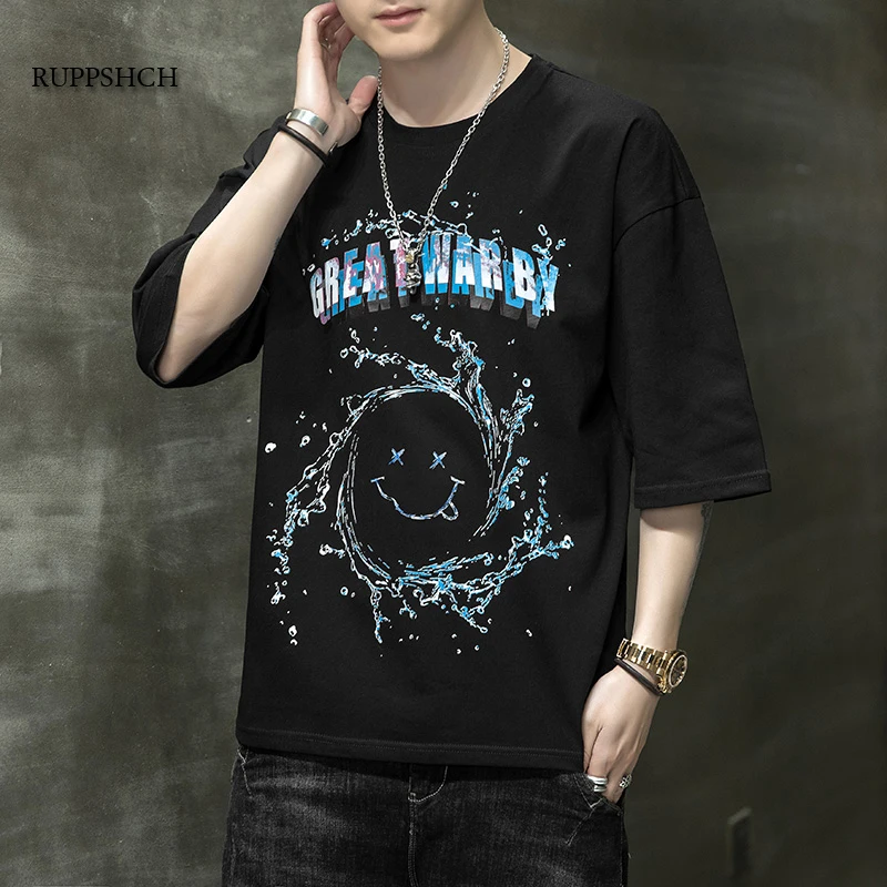 

2021 New T-Shirt Men's Short-Sleeved Summer Loose T-Shirt Letter Stitching Smiley Trend Japanese Short-Sleeved Men