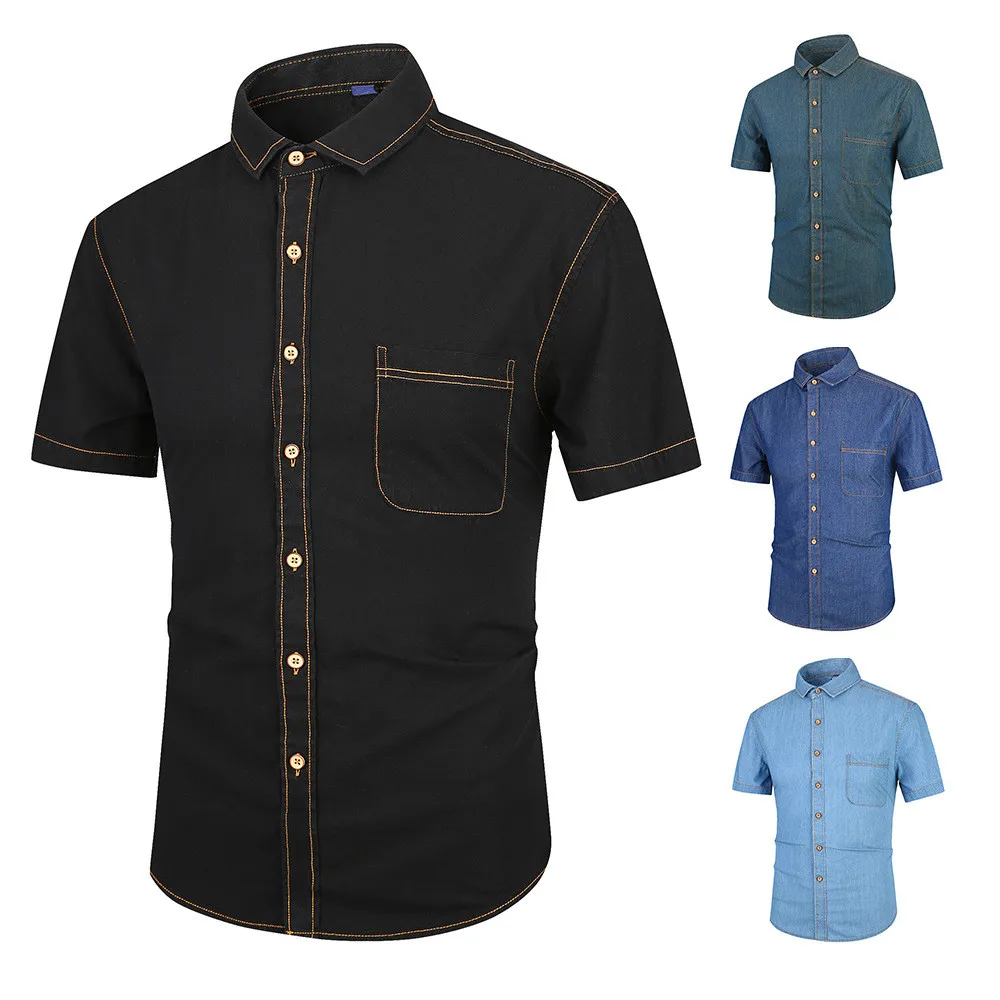 Мужская Летняя хлопковая джинсовая рубашка с короткими рукавами тонкие