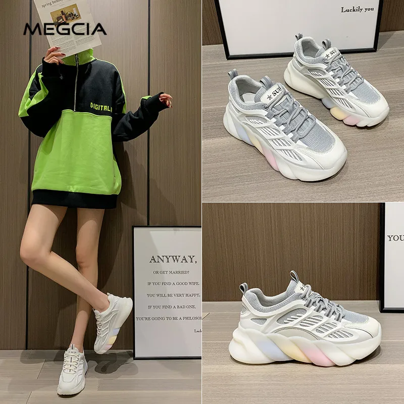 

MEGCIA INS Rainbow Running Shoes Women's Sneakers Thick Sole Sports Shoes Platform Lace Up Spring Casual Shoes Fashion M04Y