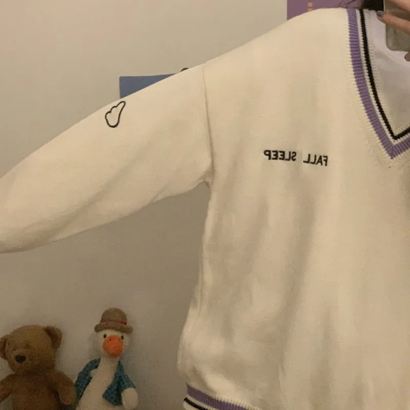 Пуловеры женские с V-образным вырезом в стиле пэчворк свободные для школьников