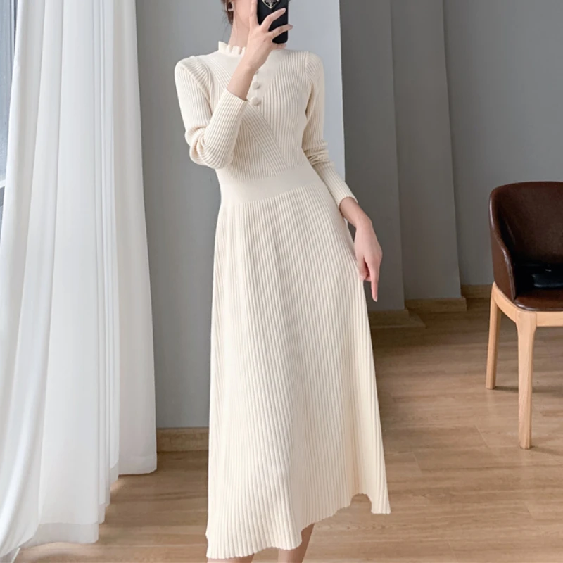 Осенне-зимнее Элегантное Белое Облегающее Платье с круглым вырезом и длинным