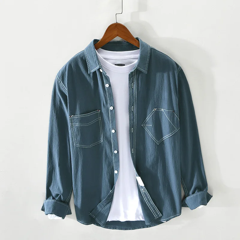 

2021 Spring Summer New Men's Casual Cotton Vintage Long Sleeve Shirt