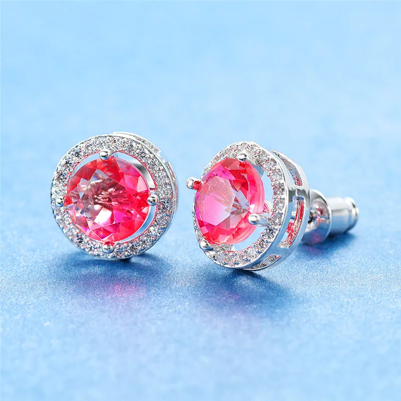 Pink White Очаровательные женские большие розовые радужные элегантные серьги-гвоздики серебряные серьги с цирконием Винтажные серьги для невесты для женщин - Окраска металла: Pink White