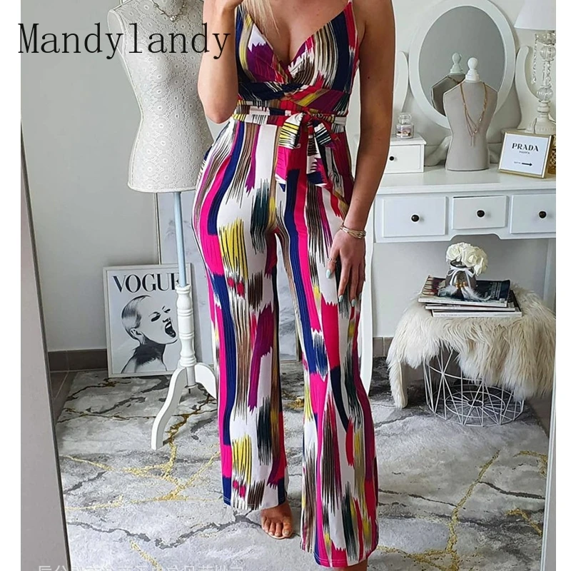 

Сексуальные Клубные комбинезоны Mandylandy, летние комбинезоны с V-образным вырезом, женские комбинезоны без рукавов, с высокой талией и принтом,...
