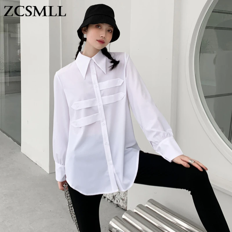 

Белая женская рубашка ZCSMLL в новом стиле, дизайнерская рубашка с длинными рукавами и отложным воротником, корейский модный топ, весна-лето 2021