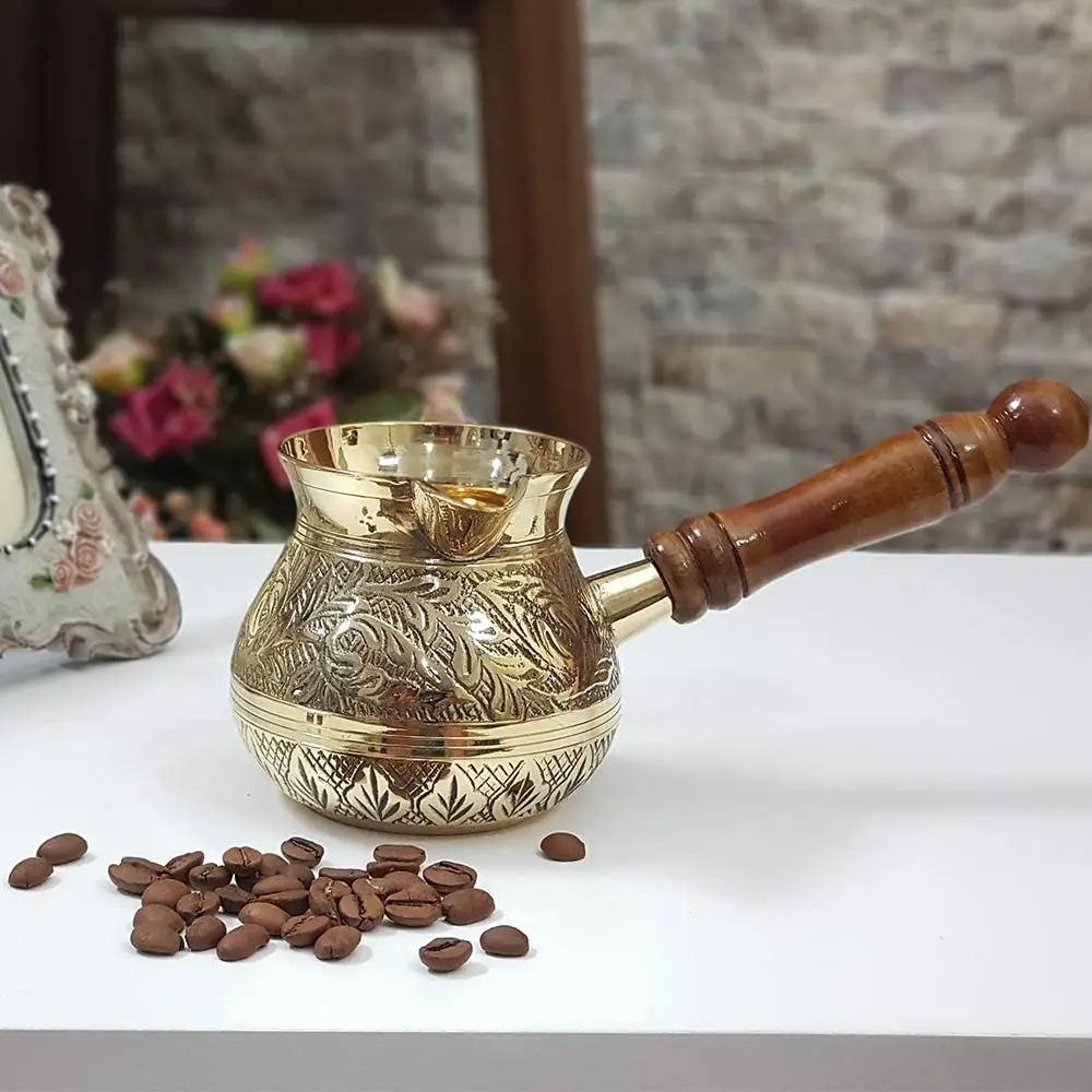 Turkish Greek Moroccan Coffee Pots Maker Kettle Pot for Stovetop Serving Espresso with Wooden Handle Hammered Brass | Дом и сад
