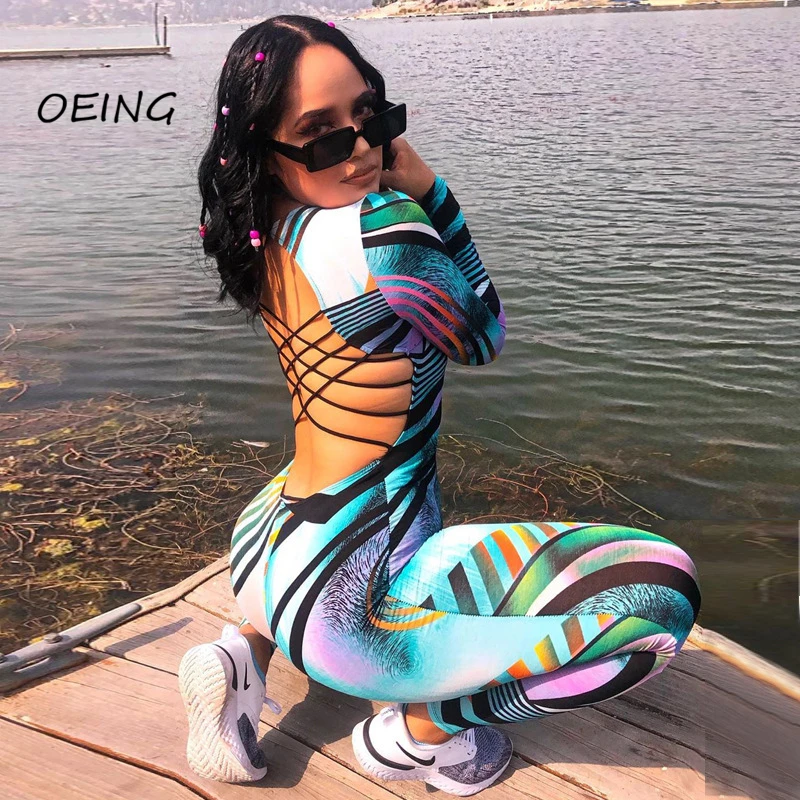 

2021 Womens Exercise Tracksuits Outfits Jumpsuits Print Open Back Long Line Long Sleeve Sport Suits