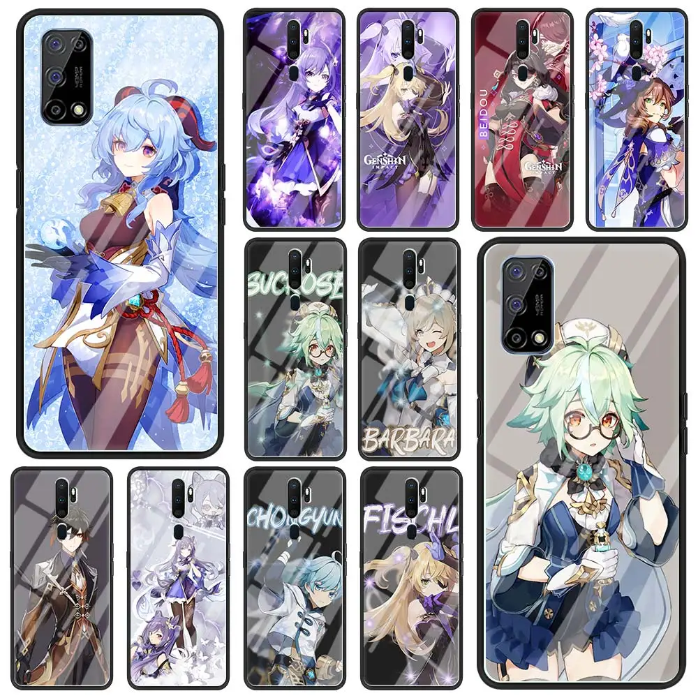 

Phone Case for Realme C3 6 5 7 Pro 7i XT Cover for Oppo A52 Find X2 Lite A9 2020 Glass Shell Funda Genshin Impact Game Cute
