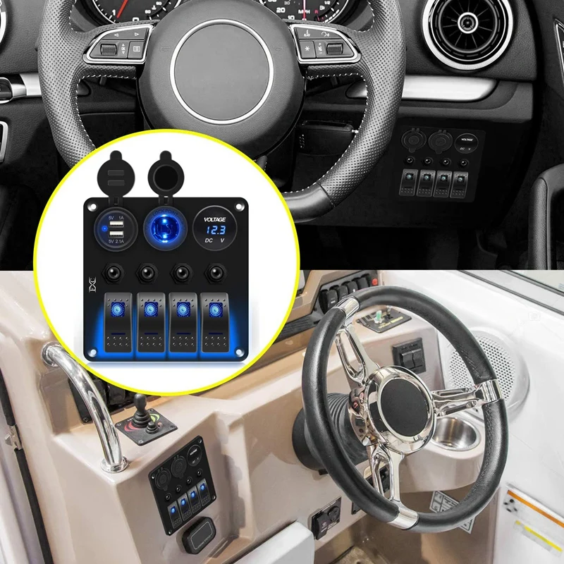 

Waterproof Marine Boat Rocker Switch Panel 4 Gang with 3.1A Dual USB Slot Socket + Cigarette-Lighter +LED Voltmeter