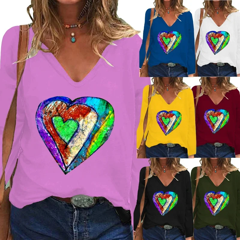 

Spring/Autumn New Fashion Women Long Sleeved Loose Pure Color Casual V-Neck Printed Sweatshirt Tops & Blouses Plus Size XS-5XL