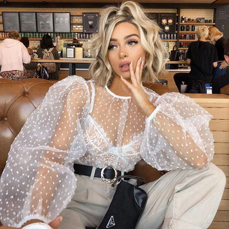 

2020 Popular Long Sleeve O-neck Mesh Shirt Sexy Fashion Lantern Sleeve Shirt Puff Sleeve shirt Womens Tops and Blouses