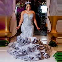 silver lace aso ebi wedding dresses mermaid strapless zipper back ruffles satin plus size with train bridal gowns