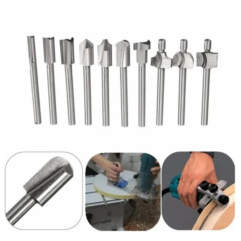 

10Pcs HSS Router Bits Woodworking Trimming Cutter Milling Fits Dremel Rotary Tool Set 1/8 Inch 3mm Shank Carpentry Router Bits