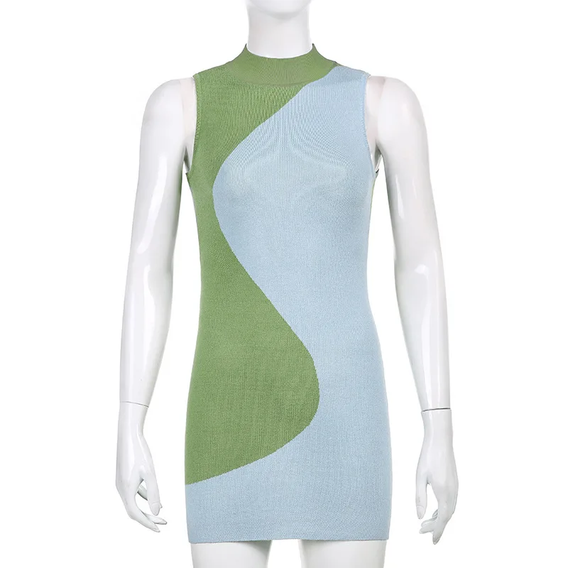 

2021 Fashion Summer New Women's Sexy Knitted High Collar Contrast Vest Shoulder Bag Hip A-line Spaghetti Strap Women Dresses