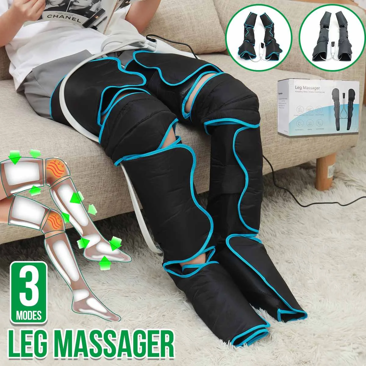 

Electric Air Compression Leg Massager Pneumatic Foot and Calf Heated Air Wraps Handheld Controller Muscle Relax Pain Relief