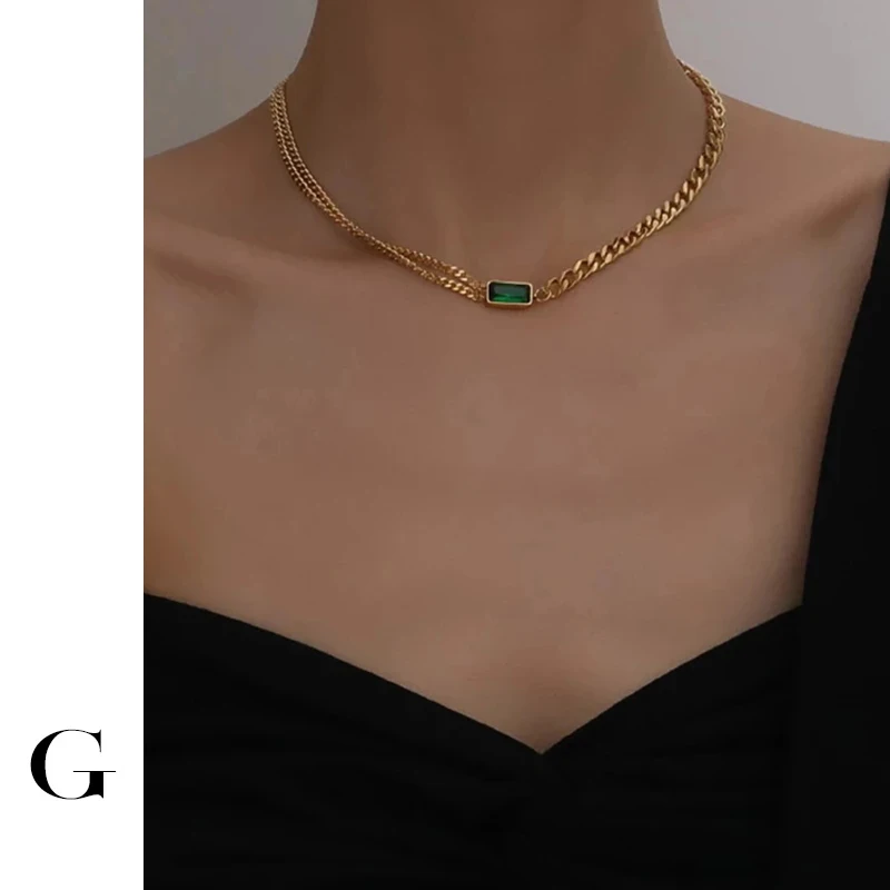 

GHIDBK 2020 Fashion Stainless Steel Layering Green Rhinestone Suqare Pendant Chokers Necklaces Chic Street Style Collars Jewelry