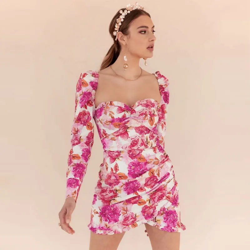Женское повседневное мини-платье с цветочным принтом зимнее розовое винтажное