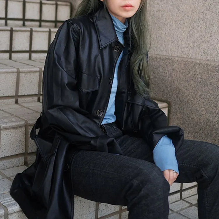 

FOLOBE New Pocket Single Buckle Long Sleeve Slim Waist Belts PU Leather Jacket Clothing 2020 Autumn Winter Coat