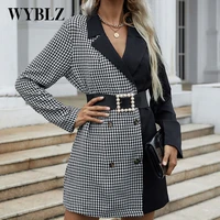 wyblz black white plaid spliced midi dress spring autumn casual long sleeve double breasted women dress office lady suit dresses