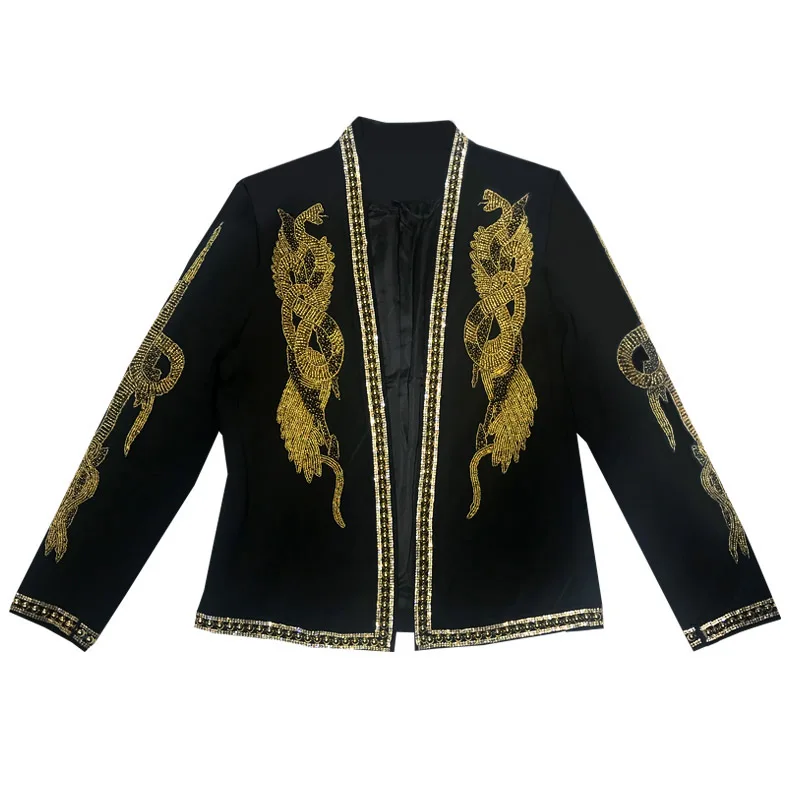 Hand-Made Fashion Men Blazers Suits Jacket Flat Collar Suit Wedding Royal Gown Gold Beaded Slin Fit Suits Male Party Groom