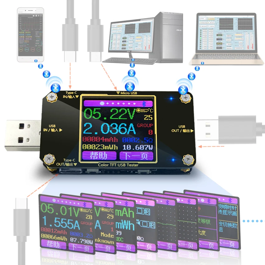 

Type-C PD Multimeter Detector USB Tester w/ Bluetooth-compatible Display Voltage and Current Meter Capacity Measuring Instrument