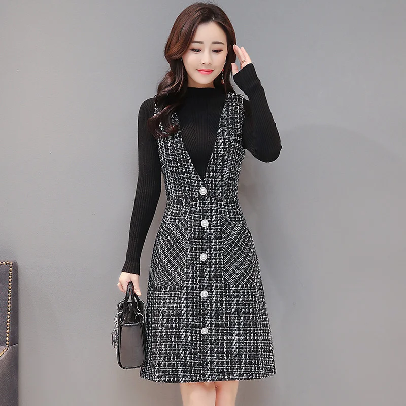 

Women's autumn and winter Vest + dress V-neck suspender dress Vintage sleeveless pocket check dress women's slim wool dress
