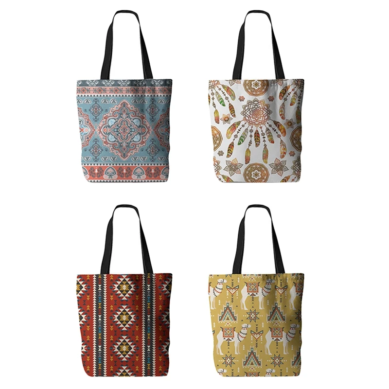 

4 PCS Bohemian Tote Bag Turkish Persian Pattern Single Shoulder Bag Ethnic Canvas Bag Handbag Shopping Bag