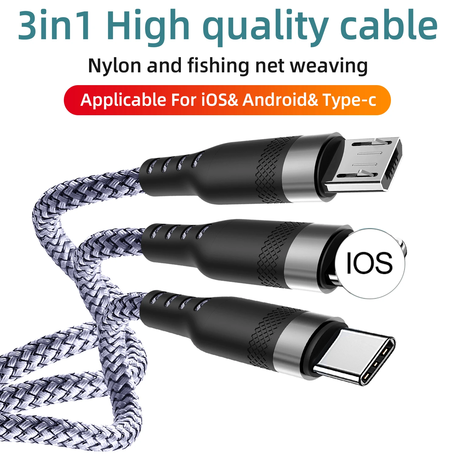 

Super Fast 3 in 1Charging Cable for IOS Micro USB Type C Charger Cable Wire for iPhone 13 12 11 Android Samsung 5A Data Cable
