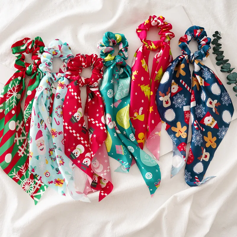 Модный Рождественский бант шарф волос Scrunchies принт резинка для эластичной лентой