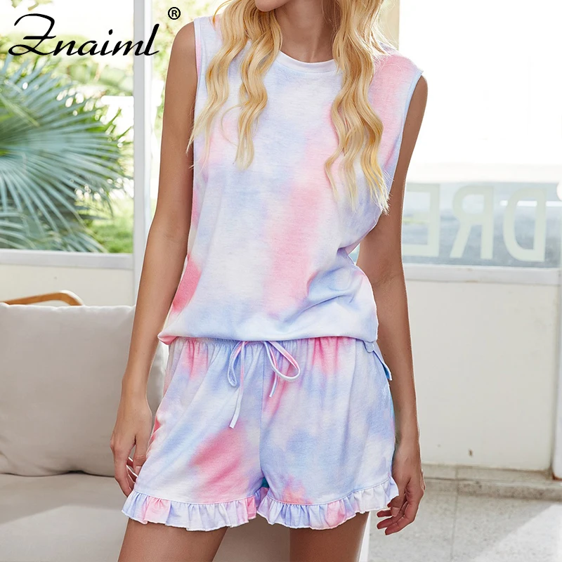 

Elegant Women's Tie-Dye Print dot Two Piece Set Sleeveless Crop Top And Ruffle Shorts Pajama Suits Casual Female Tracksuit Sets