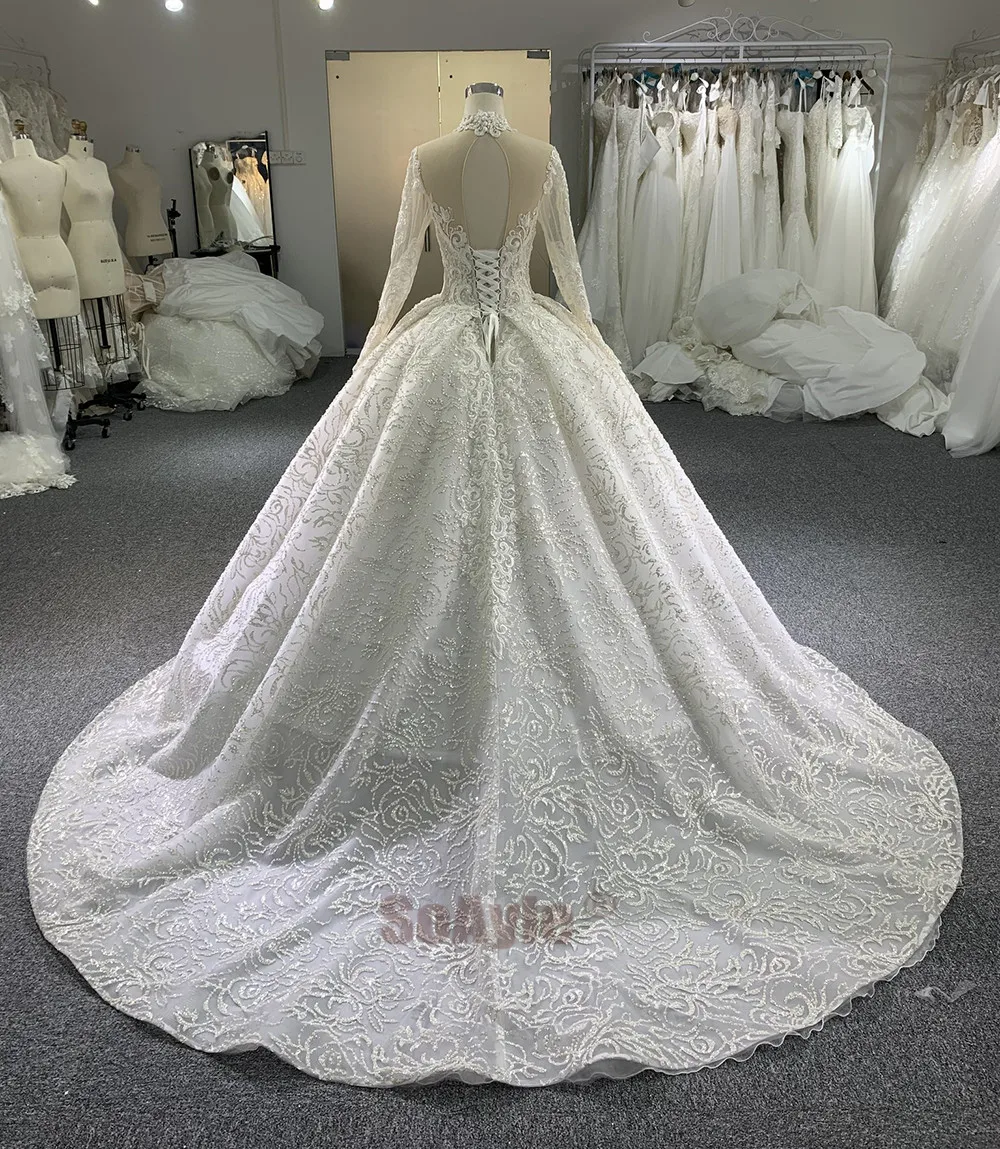 SoAyle High Neck Long Sleeves Lace Wedding Dress Heavy Beading Luxury Ball Gown Wedding Dresses for Women vestido de novia