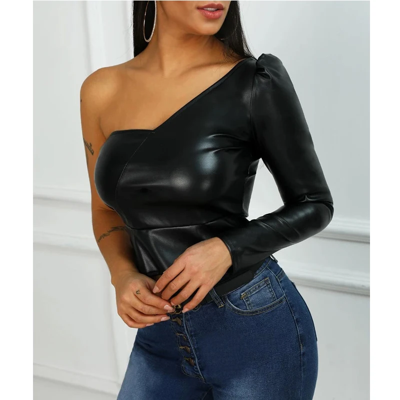 

Sexy PU Leather One-Arm Long Sleeve Tops Gothic Corset Women's Top Cropped Blouses And Shirts Prom Party Kpop Free Shipping Y2k