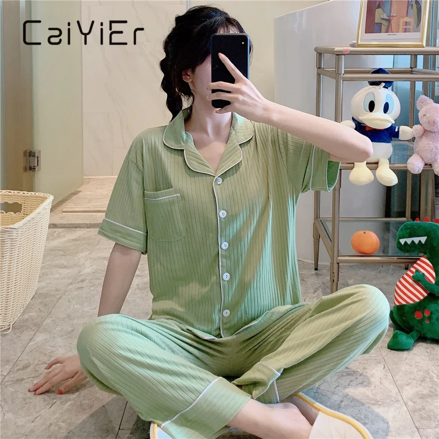 CAIYIER New Summer Cotton Pajamas Set Short Sleeve Tops+Trousers Sleepwear Women Casual Pure Color Turn-down Collar Nightwear