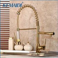 kemaidi solid brass gold polish kitchen faucet golden vessel sink swivel faucet washbasin mixer taps with pull down spray