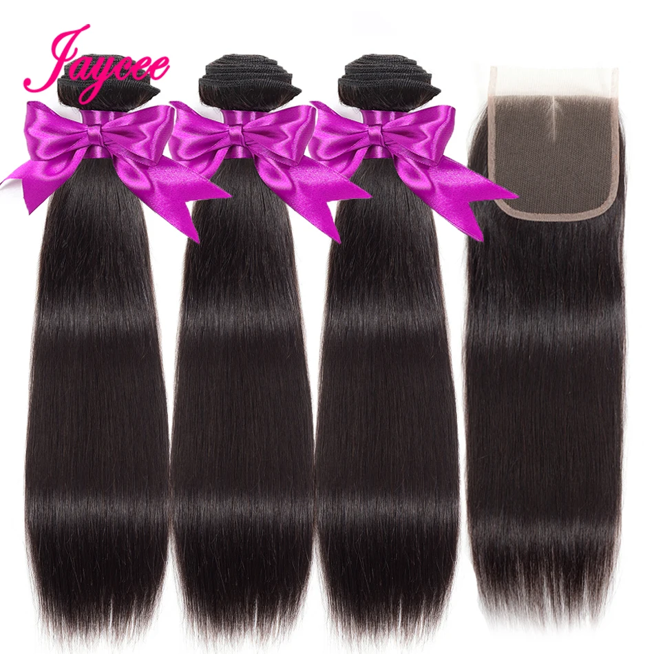 Перуанские прямые пучки волос с закрытием 3 пучка плетение Jaycee человеческие Remy