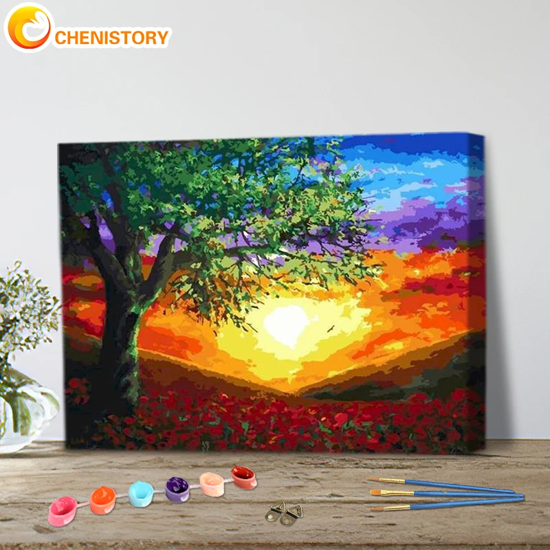 

CHENISTORY Coloring By Numbers Sunset Clouds Landscape Paint Canvas Picture Oil Painting By Numbers Tree Handpainted Home Decor
