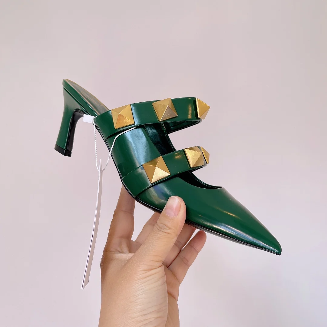 

Luxury Brand Design Big Rivets Mules 6.5 Cm Stiletto High Heel Shoes Women Pointed Toe Slip On Sandal Candy Colors Slipper