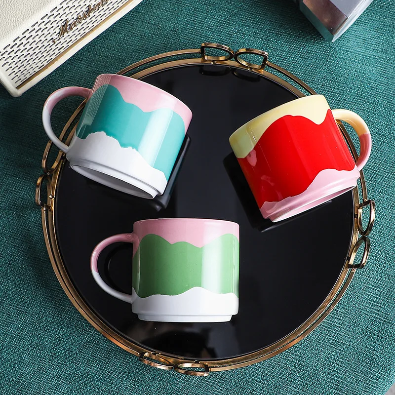 

440ml Cup Creative Nordic Hand Big Mugs Colorful Drinkware Porcelain Pattern Ceramic Tea Milk Coffee Cups Kitchen Tool Gift