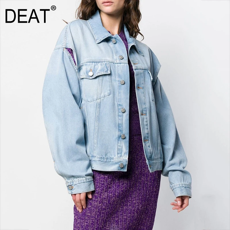 DEAT 2020 autumn and winter turn-down collar lantern sleeves single breasted two ways wearing vintage denim jacket WJ04405L | Женская