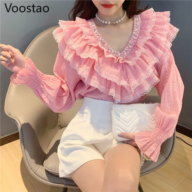 Spring Autumn Sweet Fashion Blouses Women Elegant Beading V-Neck Lace Ruffles Fairy Tops Female Lolita Style Chiffon Shirts